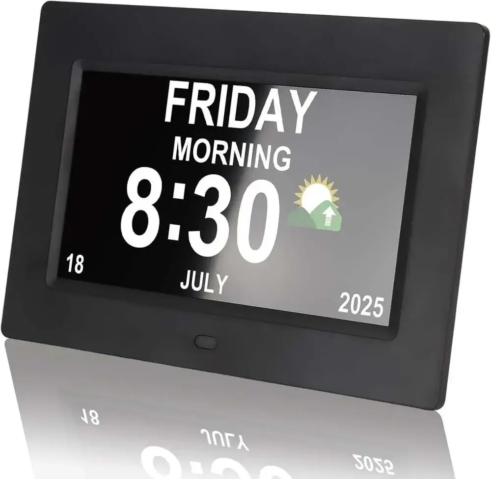Digital Elderly Clock with Large Display 7 Inch Black Day Date Time Alarm For